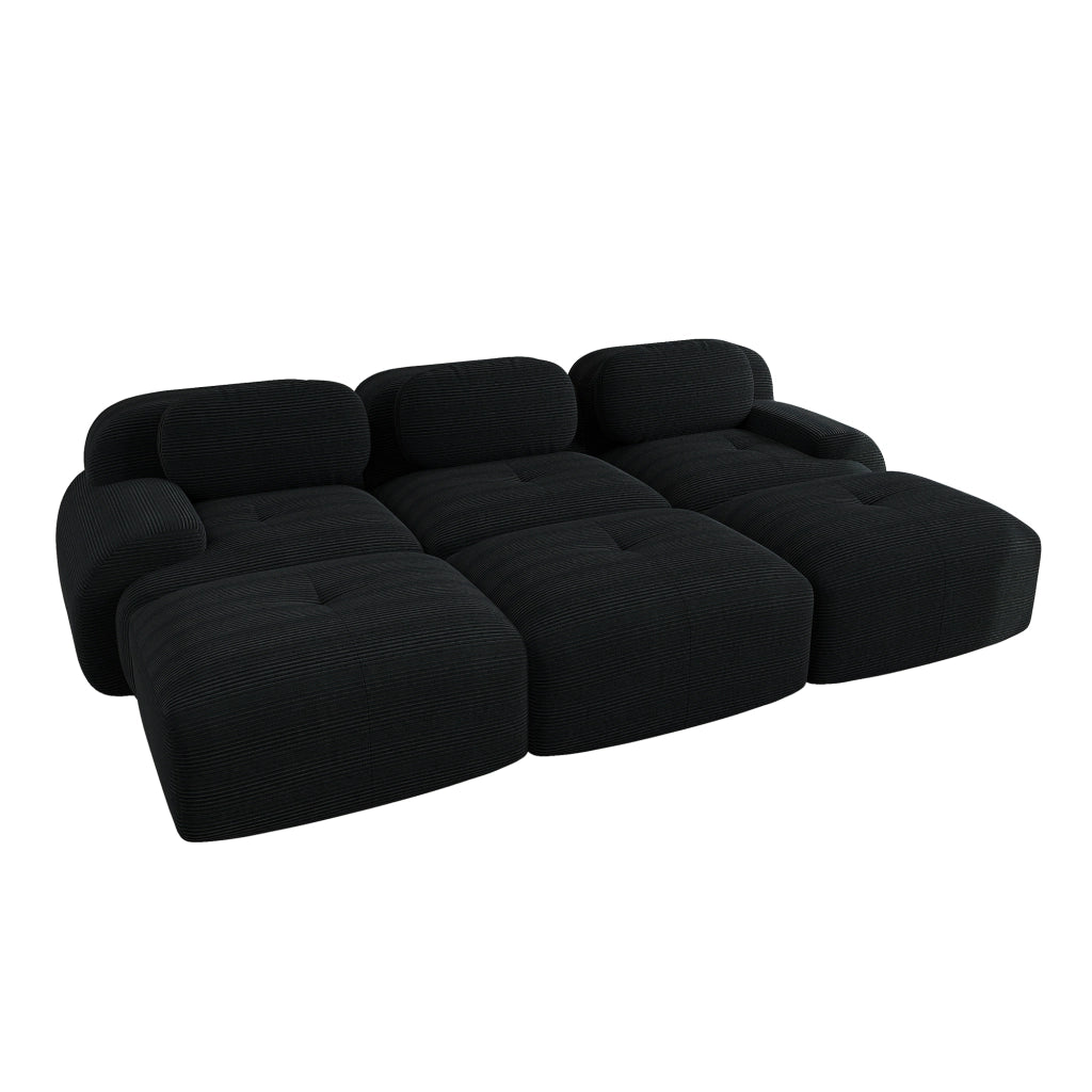 Divano Modulare 3 Posti con 3 Poggiapiedi in Tessuto a Coste ¨C MINIMAL ¨C Nero, Braccioli Ultra-Larghi
