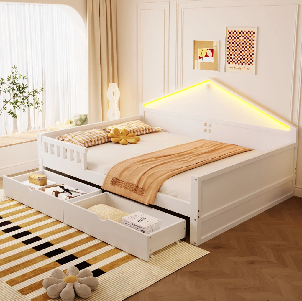 Letto multifunzione 140x200 cm con cassetti e LED; bianco
