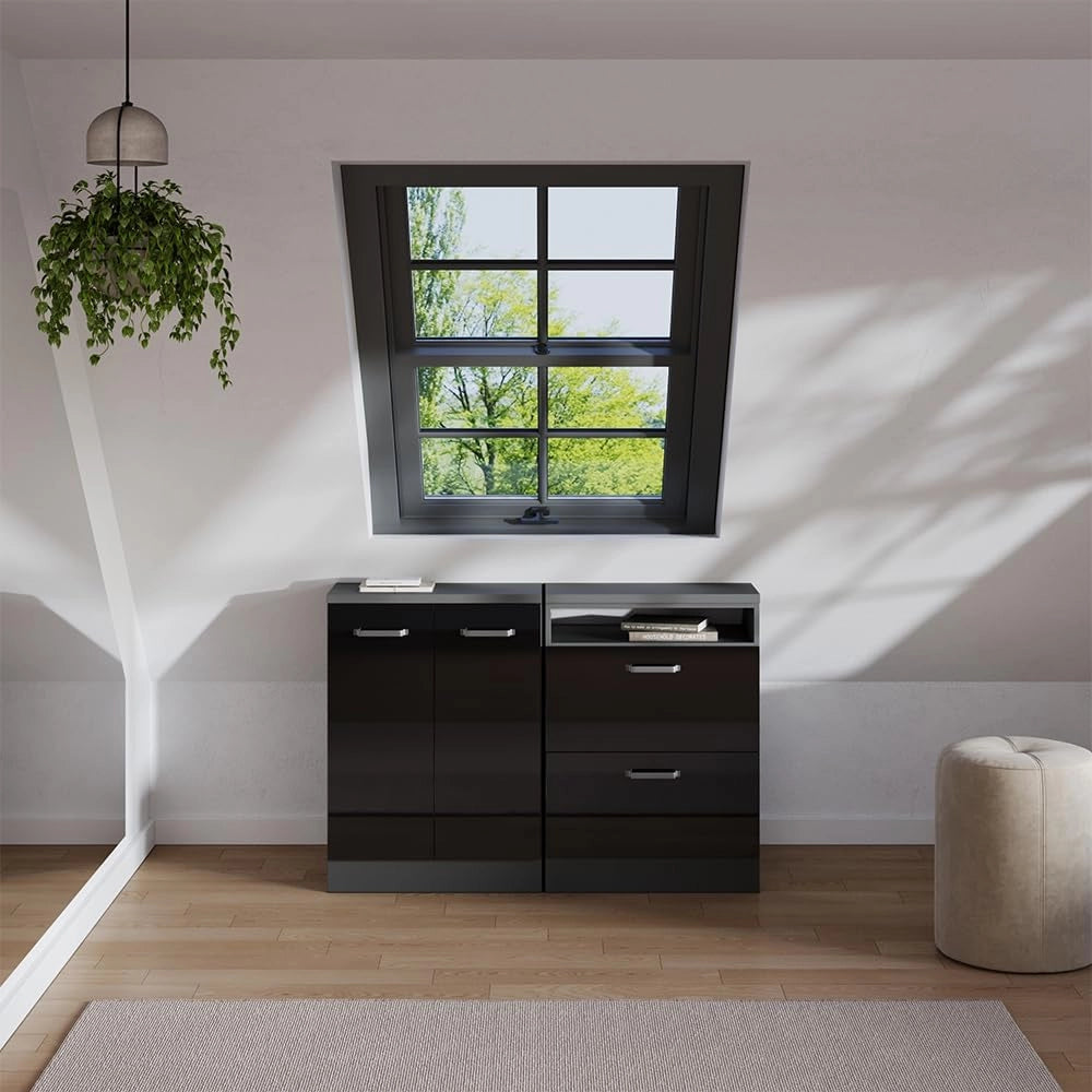 Set di mobili sottotetto Rion, Antracite lucido, 140 cm Set di 2 carcasse armadio profondità 60 cm, adatto per il salvaspazio sotto tetti spioventi