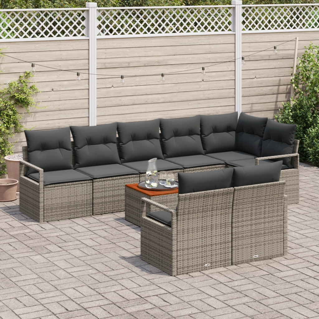 Set di Divani da Giardino in 9 Pezzi con Cuscini Grigio Polirattan Acacia