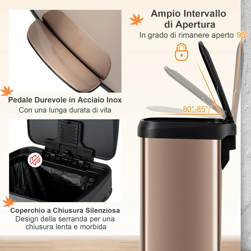 Bidone per Pattumiera da 50 L, Pattumiera da Cucina con Pedale, Coperchio e Scomparto Deodorante, Ideale per Casa Ufficio, Rosa Dorato/Argento (50L, Rosa dorato)