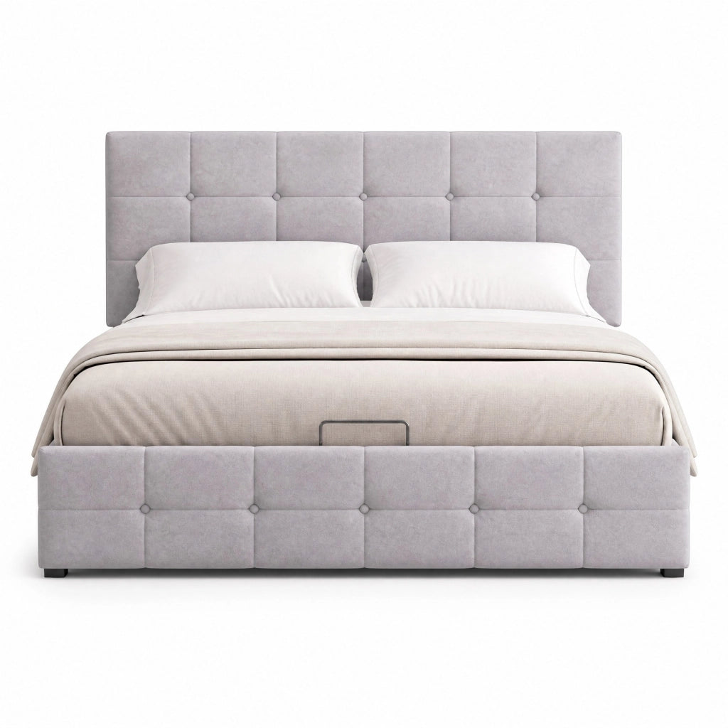 Letto imbottito 140x200 cm grigio in velluto con contenitore idraulico