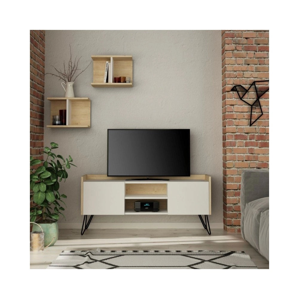 Mobile porta Tv 2 ante Klappe 125,5x33x56,5 bianco e struttura rovere