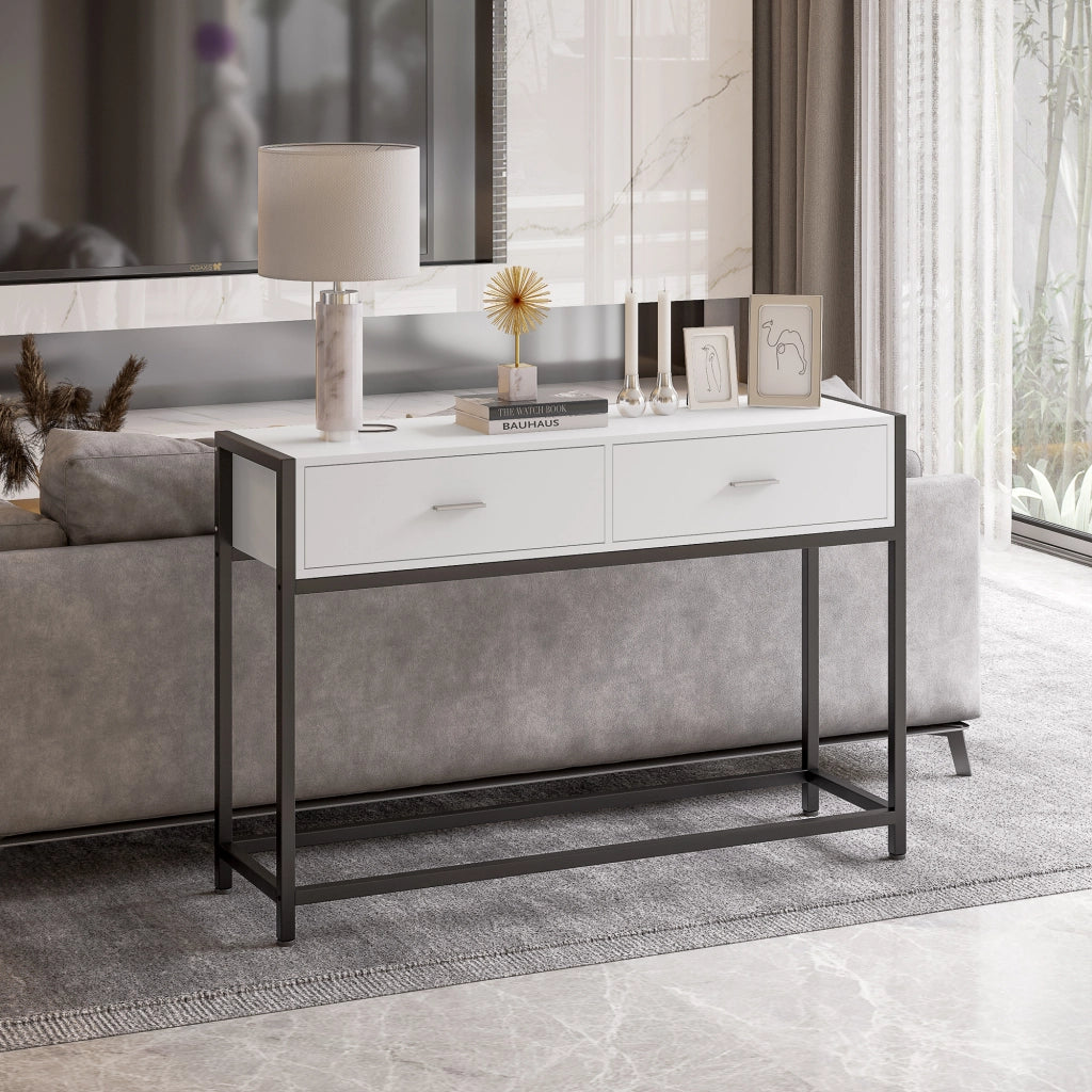 Tavolo consolle con 2 cassetti ¨C zephmum ¨C legno bianco e metallo nero 120x34x81cm