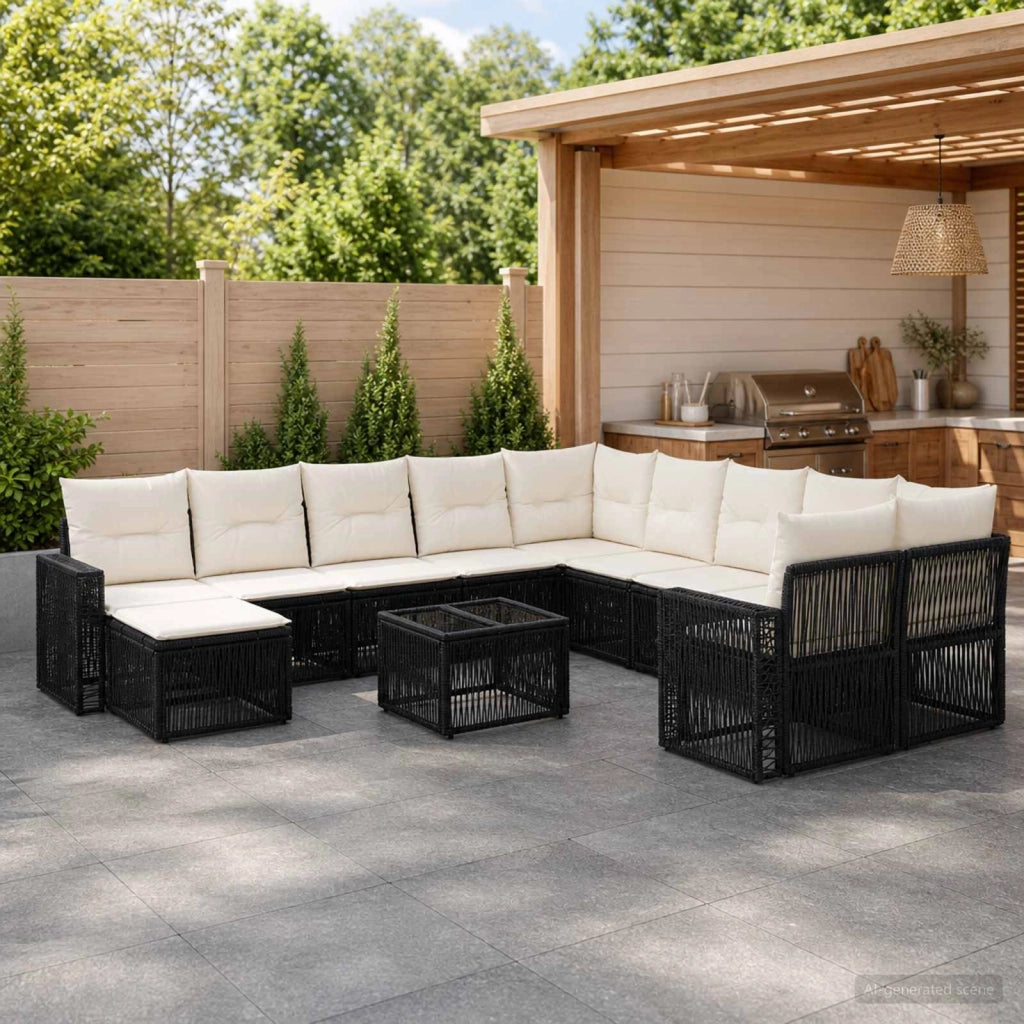 Set Divano da Giardino 12 pz Nero e Bianco Crema polyrattan 3435325