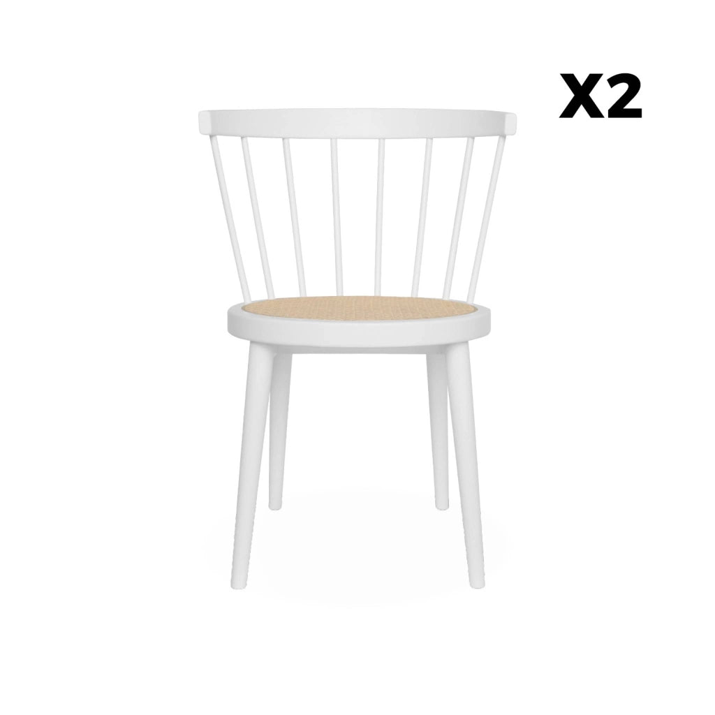 Set di 2 sedie in legno e rattan intrecciato, stile vimini, bianco