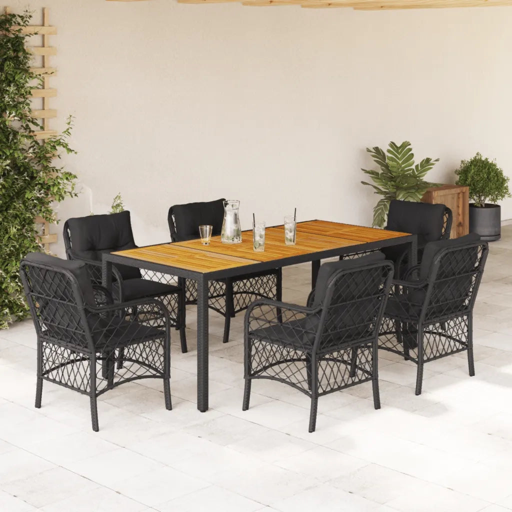 Set da Pranzo da Giardino 7 pz Nero con Cuscini in Polyrattan