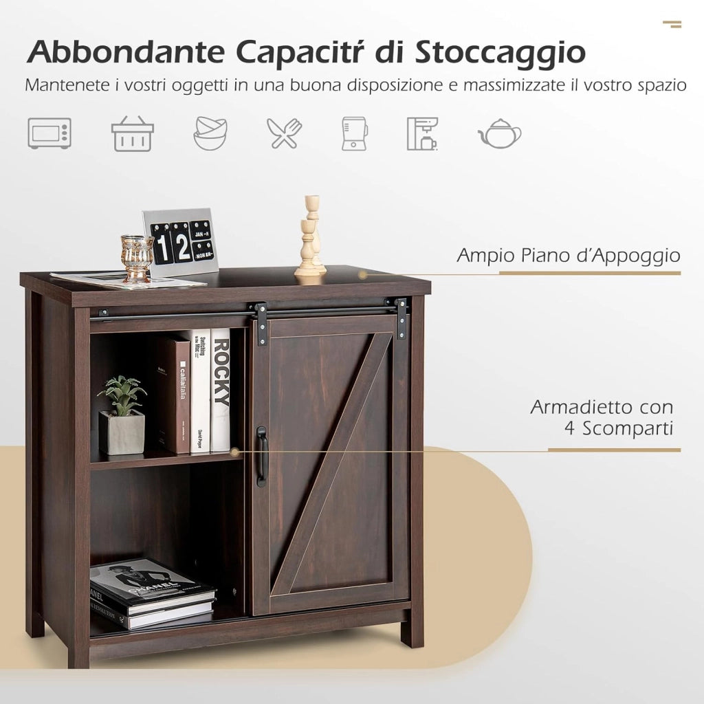 Credenza da Cucina, Armadietto Salvaspazio in Legno con Serranda Scorrevole e 4 Scomparti, Mobiletto a Buffet per Soggiorno, Ingresso e Camera da Letto, 80 x 40 x 82 cm