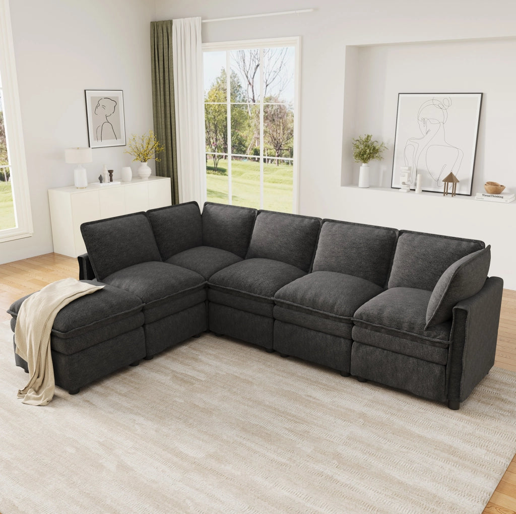 Divano modulare 6 posti in ciniglia grigio con pouf, 344 cm