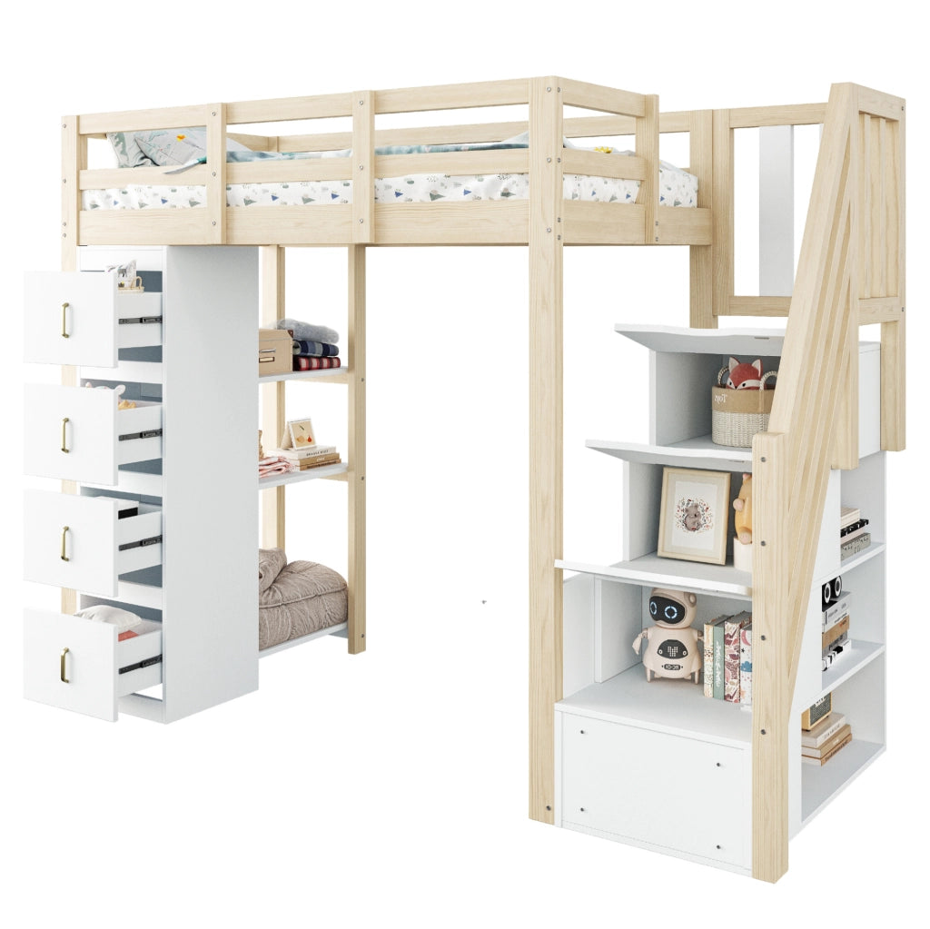 Letto a soppalco 90x200 cm in legno naturale con 4 cassetti; scaffale a 3 ripiani e scala laterale