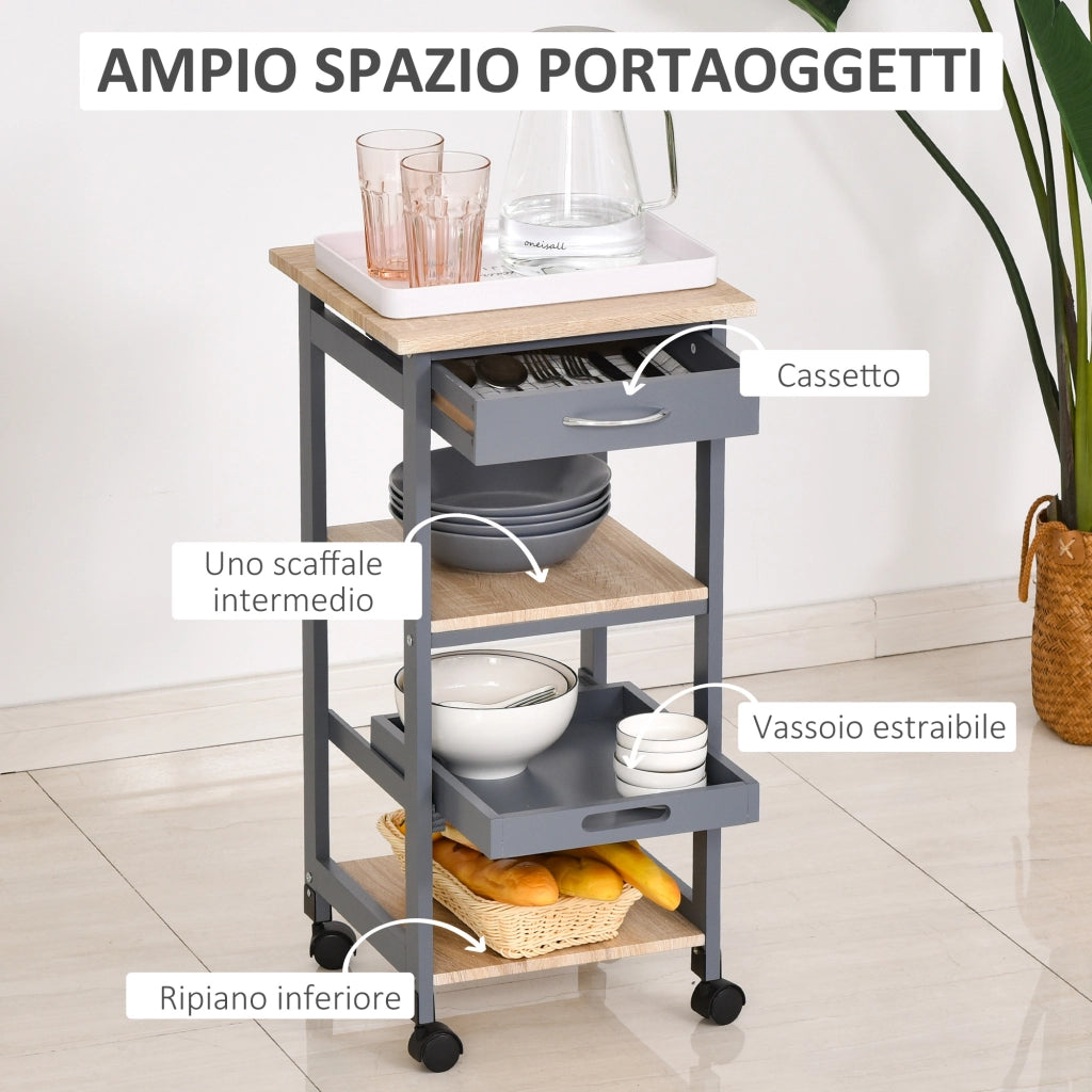 EasyComfort Carrello da Cucina Portavivande con Cassetto, 2 Ripiani e Vassoio Estraibile, 37x37x76cm, Grigio