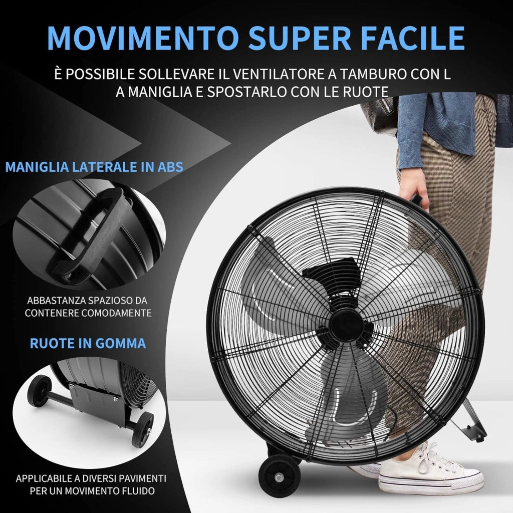Ventilatore da Terra Industriale a 3 Velocit¨¤ con Pale in Alluminio, Ventilatore a Piantana Potente ad Alta Velocit¨¤ su Ruote in Gomma, 180W Max, 65x37x67 cm (Nero)