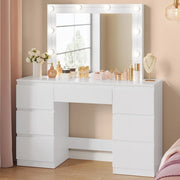Grande toeletta da trucco, Toeletta con Specchio e Luci, Tavolo da trucco con specchio, Postazione Trucco con 7 cassetti per Camera da Letto, bianco, 107 cm