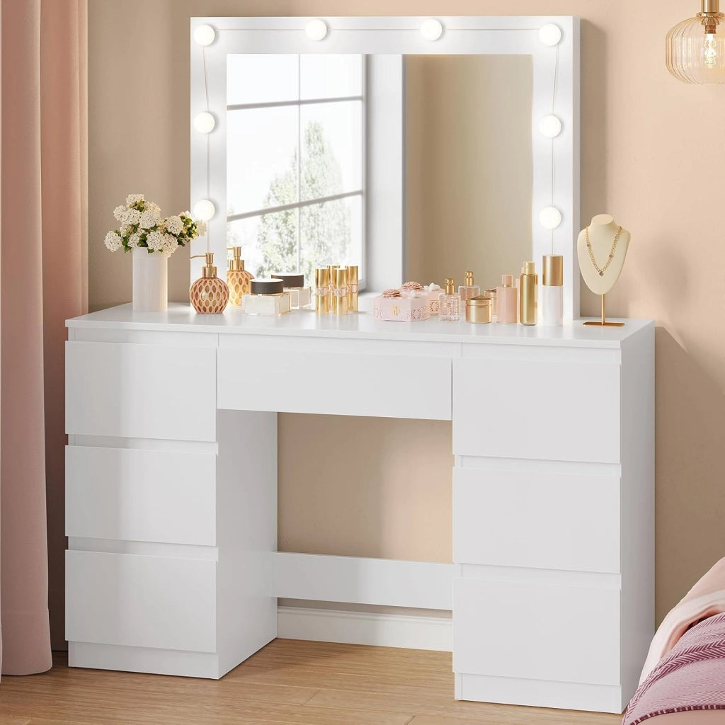 Grande toeletta da trucco, Toeletta con Specchio e Luci, Tavolo da trucco con specchio, Postazione Trucco con 7 cassetti per Camera da Letto, bianco, 107 cm