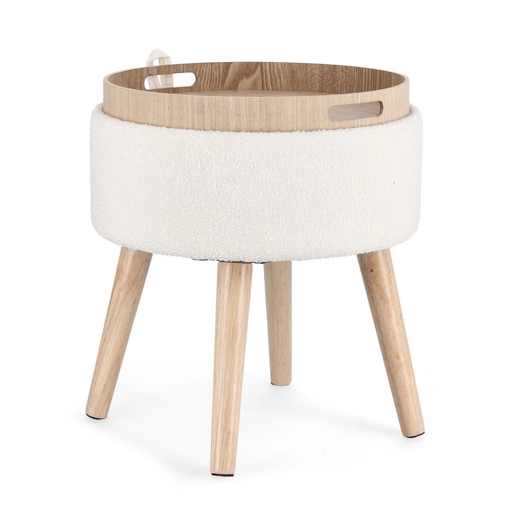 Sgabello contenitore rotondo bouclé bianco con vassoio in legno - BRIAR