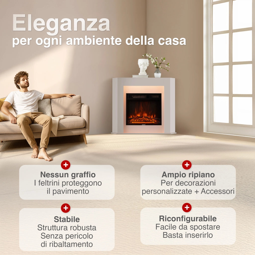 KAMINIO Camino elettrico MATTI - Caminetto ad angolo con riscaldamento, effetto fiamma 3D, luce ambiente a LED, telecomando - Angolo, Bianco