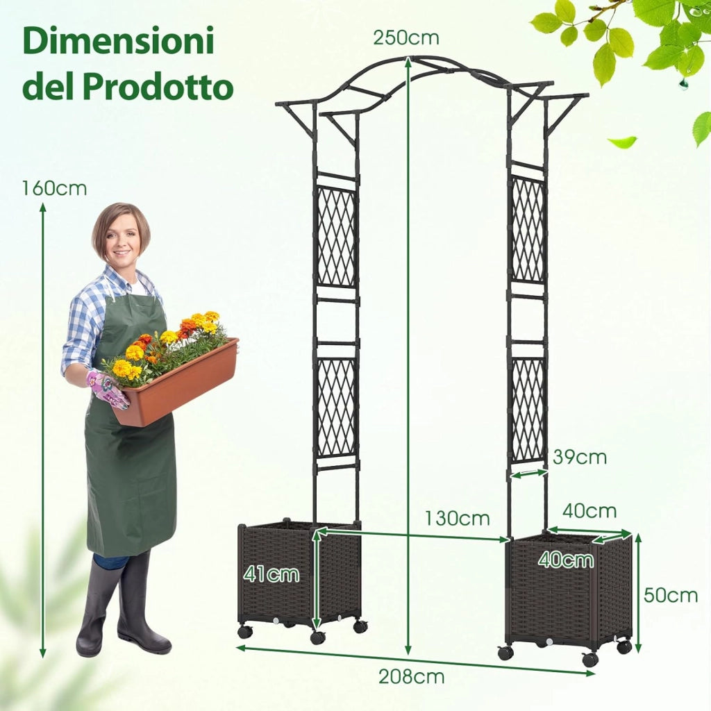 Arco da Giardino con 2 Fioriere Auto-irriganti e Ruote, Supporto per Piante in Metallo Rivestita PE Antiruggine, Grande Arco per Viti e Rose da Matrimonio all'Aperto (Nero)