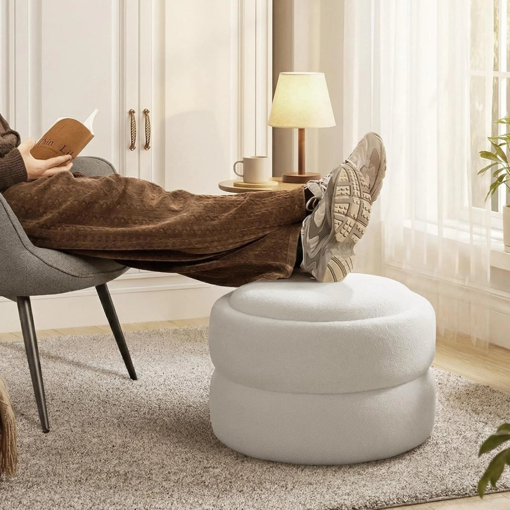 Set di 2 Pouf Contenitore 3-in-1, Pouf Poggiapiedi Rotondi Impilabili con Coperchio Removibile, in Velluto a Nuvola, per Camera da Letto, Soggiorno, Corridoio, Bianco