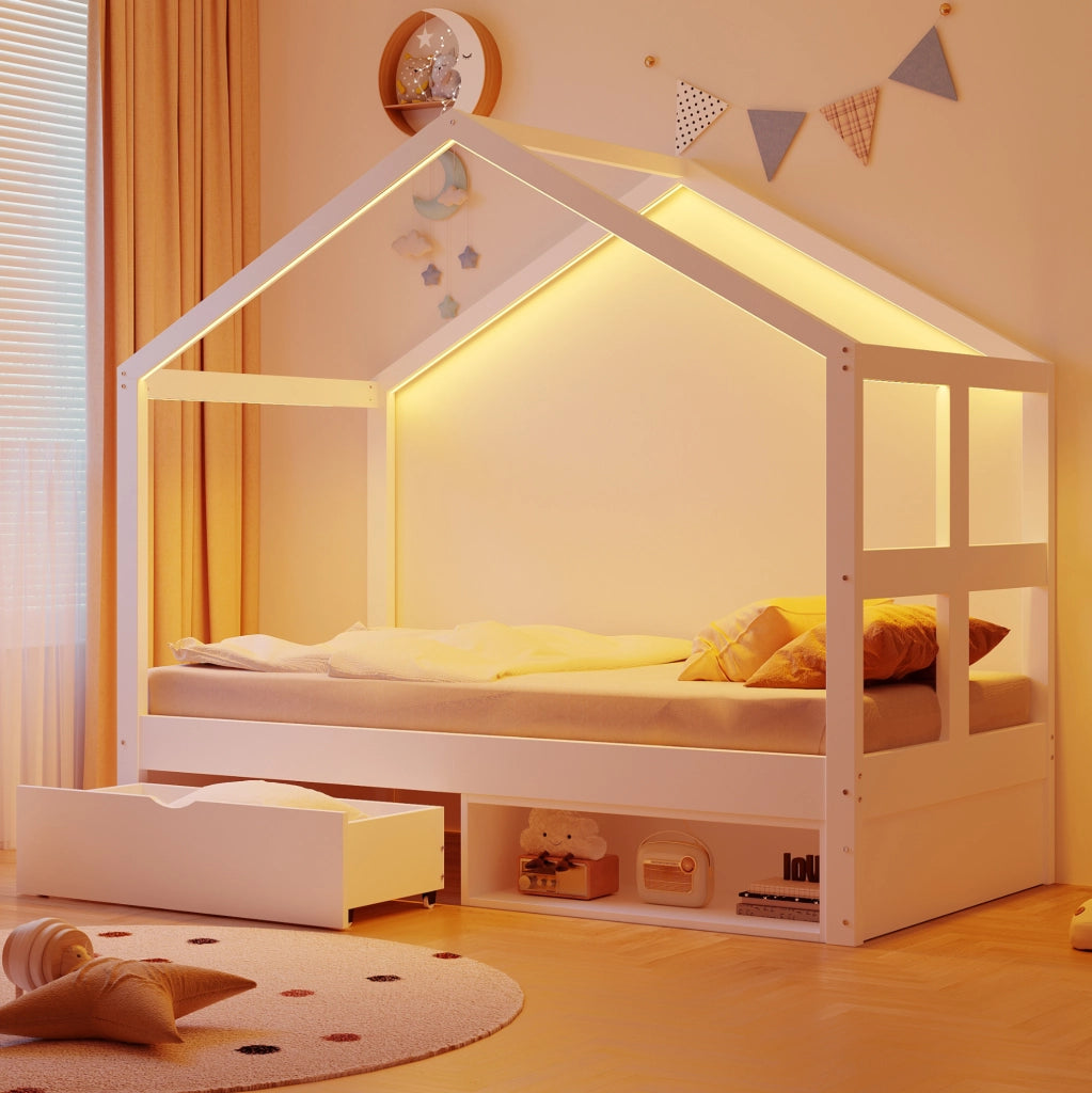 Letto singolo a casetta 90x190 cm con cassetto; scarpiera compatta e LED multicolore; bianco