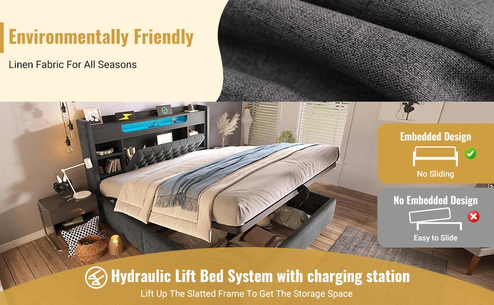 Litto contenitore 160 × 200 cm 2 posti con USB, Type-C e LED, senza materasso, in lino, grigio