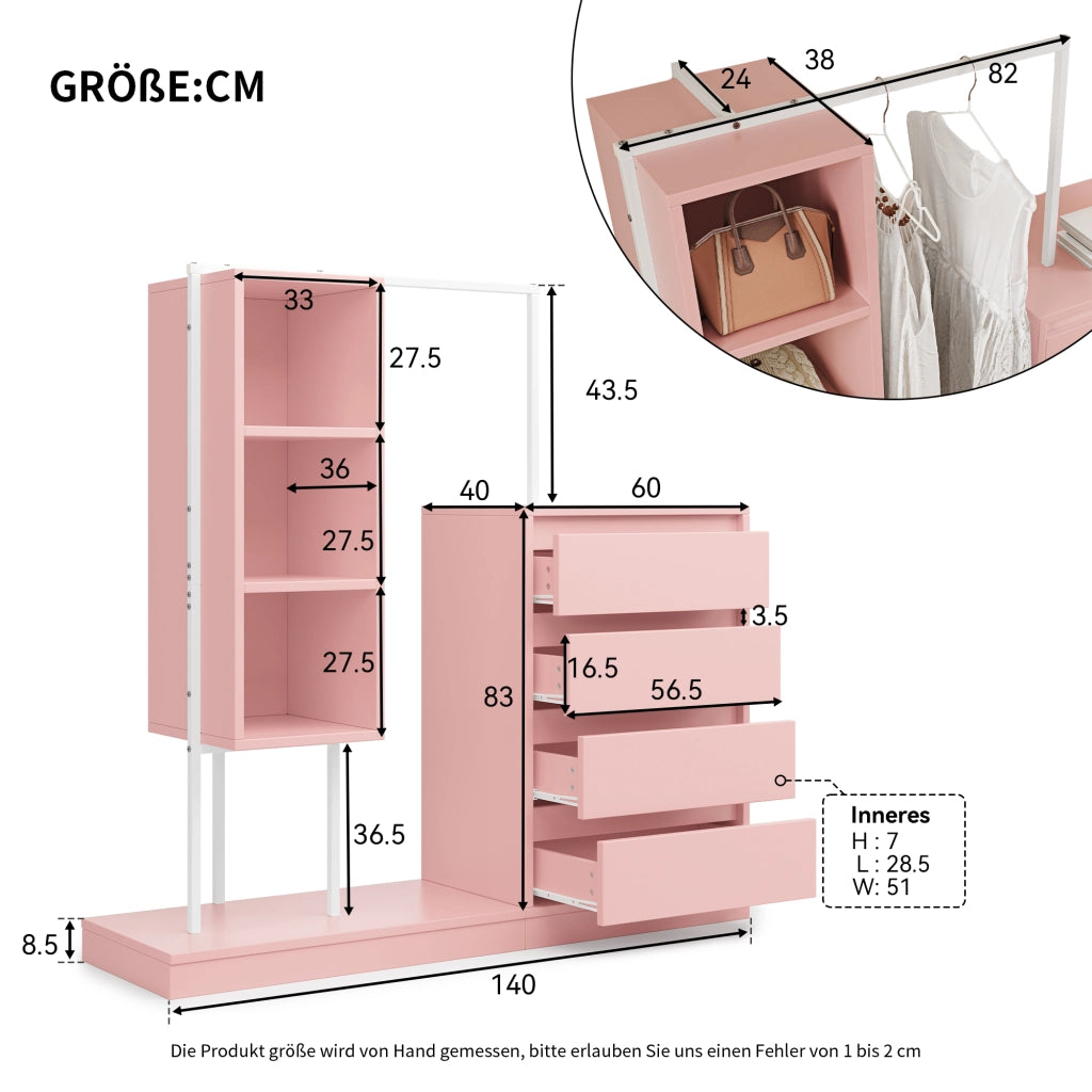 Armadio con 4 cassetti e 3 vani aperti, per ingresso, soggiorno e camera, in truciolare e metallo, rosa, 140 × 40 × 135 cm