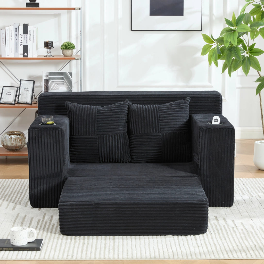 Pouf divano in velluto a coste nero 151x133x64 cm con tasche laterali e 2 cuscini