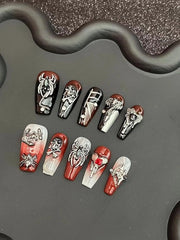 Naghi Falsi Manicure a Pressione in Metallo Chrome con Disegno di Tarantola e Croce, Nero, 3D, 10 pezzi