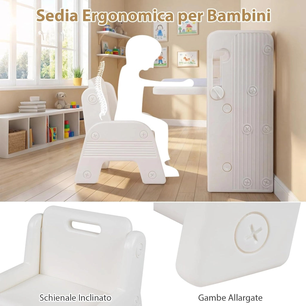 Set Tavolo e Sedia per Bambini 3+ Anni, Tavolino per Bambini con Scaffali Laterali e Cestini Portaoggetti, Piano Inclinabile e Lavagna Cancellabile, Tavolino e Sedie per Cameretta Ragazzi