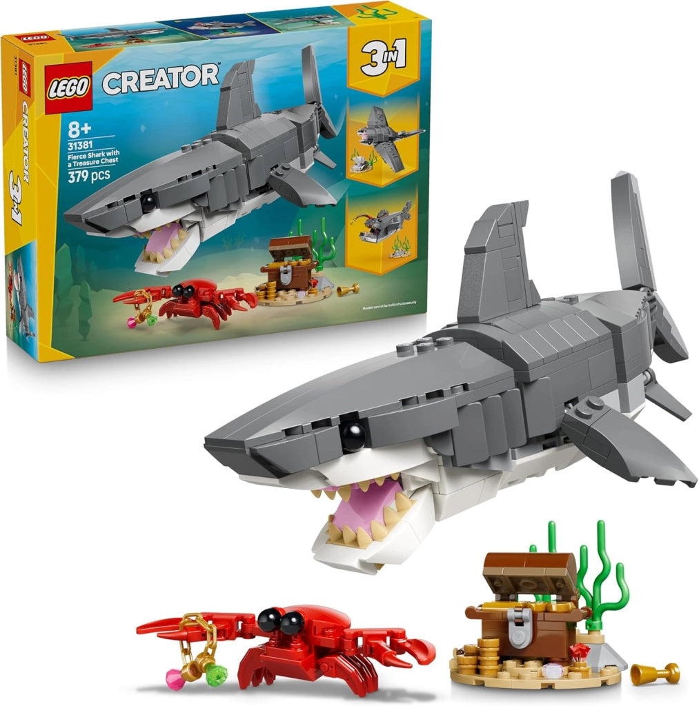 LEGO Creator 3 in 1 Squalo con Scrigno del Tesoro Giocattolo - Animale Marino Trasformabile in Rana Pescatrice o Manta -