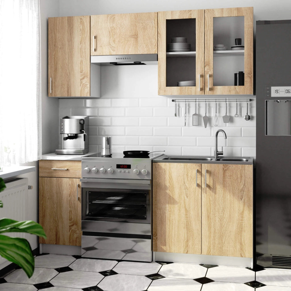 Set da cucina con vetrina AKORD LIMA 1,8 m H720 Bianco 180 cm 7 ante 1 cassetto frontale Rovere Sonoma 8 ripiani 180×44,5×203 cm