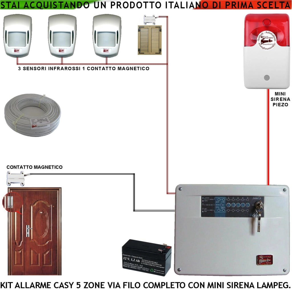 Antifurto Casy Kit Impianto Centrale 5 Zone 3 Sensori di Movimento Infrarossi Passivi 2 Contatti Magnetici Per Infissi Mini Sirena Lampegggiante Esterna 2 Chiavi Metallo Doppio Profilo Cavo 2+4 100 MT