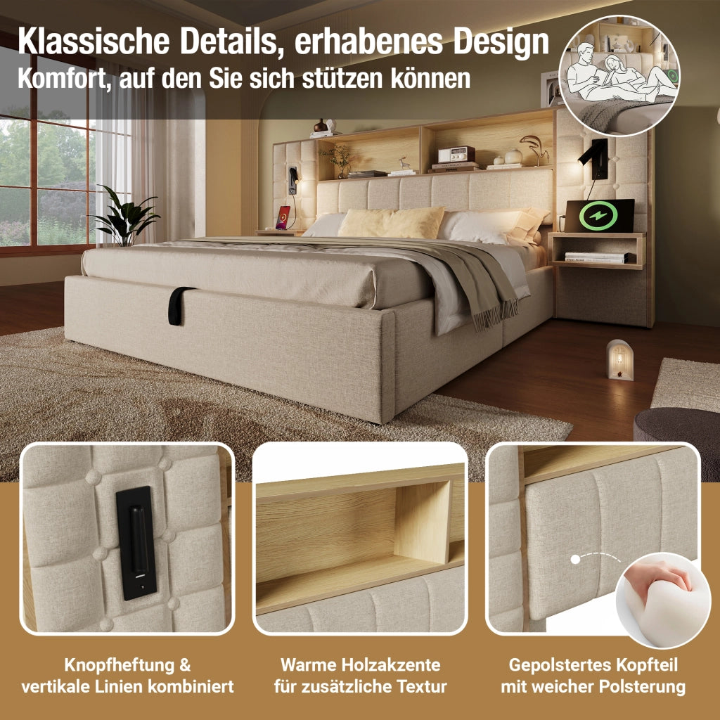Letto contenitore 180 × 200 cm con luci da lettura, USB e Type-C, 2 comodini sospesi, senza materasso