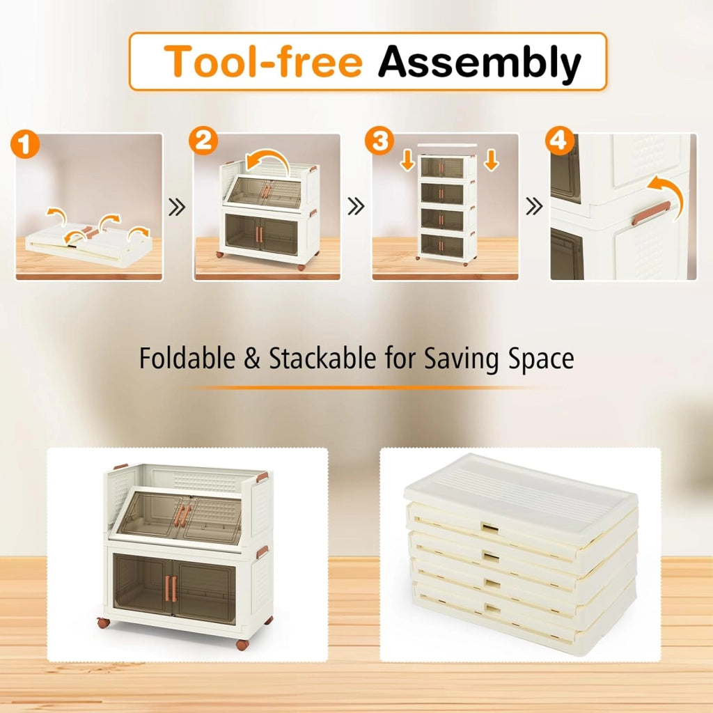 Contenitore di Archiviazione in Plastica, Organizzatore Impilabile con Coperchi e Porte, 4 Ruote, Scatole Organizzatore Pieghevoli per Soggiorno, Camera da Letto (62,5 x 34,5 x 130,5 cm)