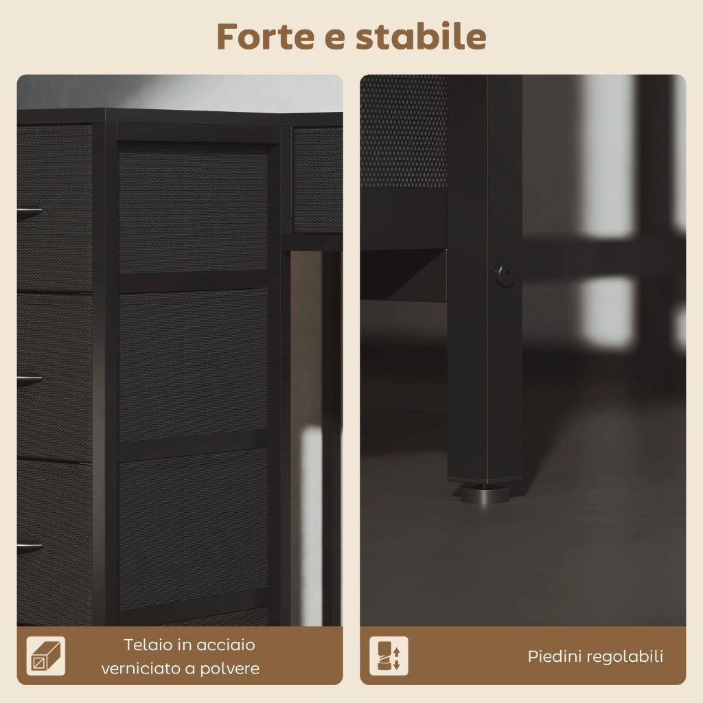 Scrivania Angolare 126x48x80 cm a 6 Cassetti con Gancio Laterale e Prese Integrate in Legno e Acciaio Nero