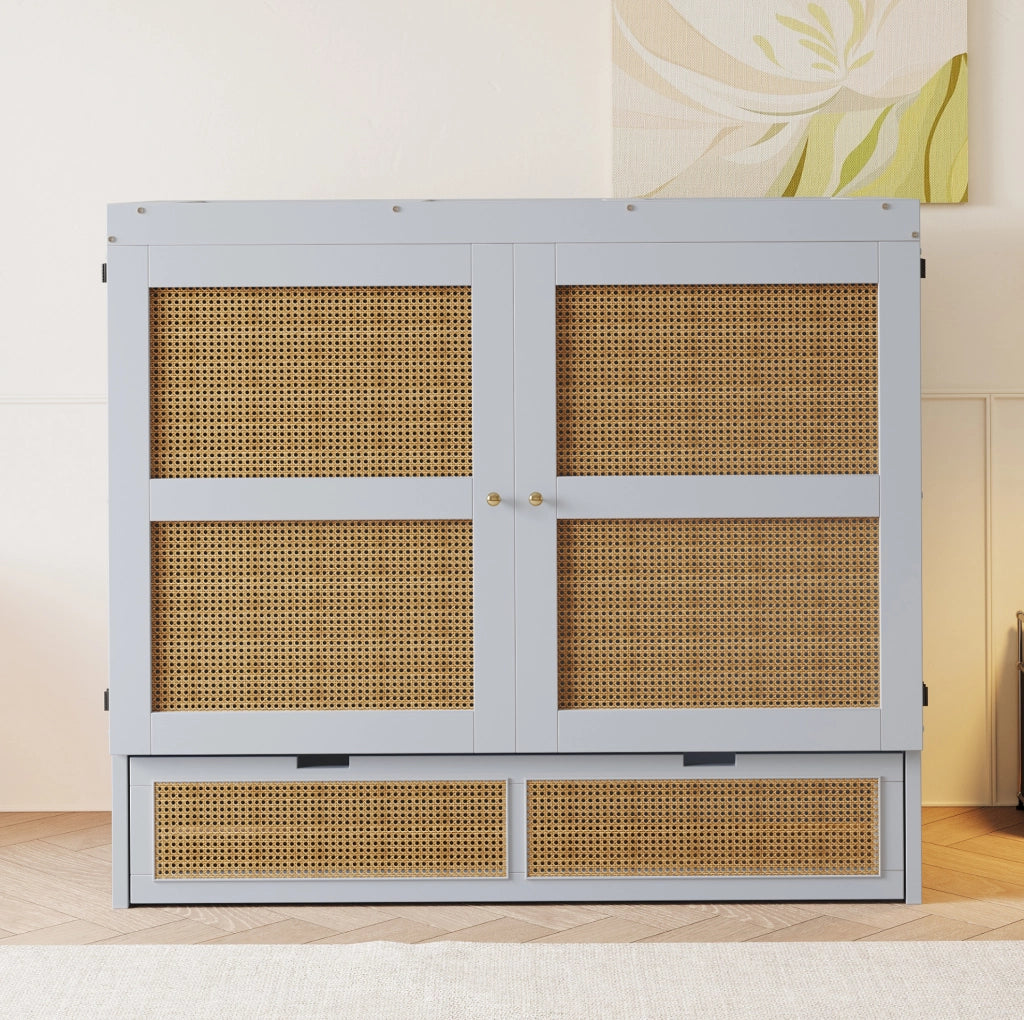 Letto a scomparsa 140x200 cm con design effetto rattan; contenitore e cassetti; grigio