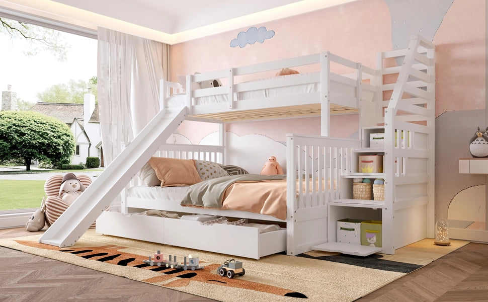 DESMIU Letto a castello 90 × 200 cm e 140 × 200 cm 3 posti con 2 cassetti, 3 vani e scivolo, senza materasso, bianco