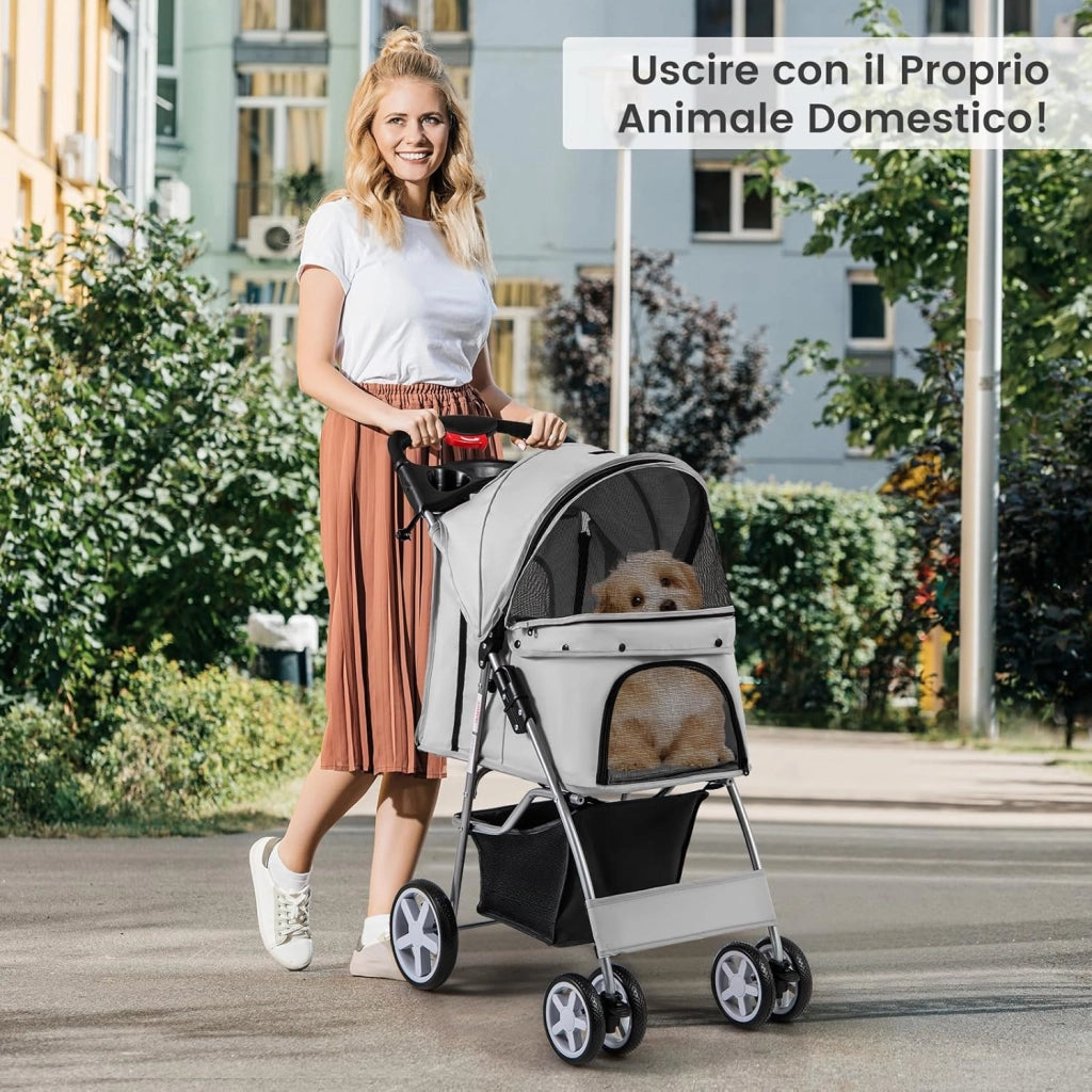 Passeggino per Cani, Carrozzina per Cani Pieghevole Fino a 15 kg, 4 Ruote con Finestra a Rete Porta Bicchiere e Cesto, Passeggino Portatile per Animali Piccola e Media (Grigio)