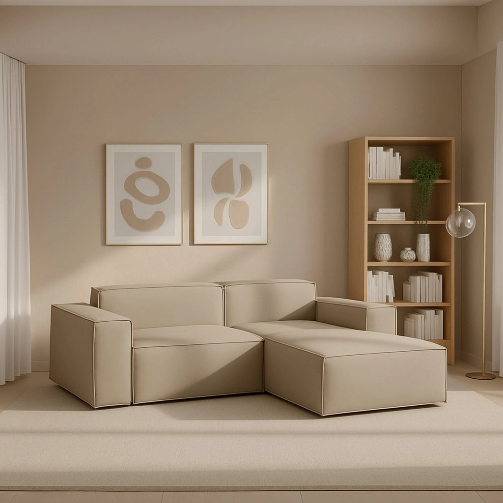 Divano fisso Amuleto, Divano componibile a 2 posti con penisola destra, Made in Italy, SofÒ  moderno in tessuto, Cm 220x170h70, Beige