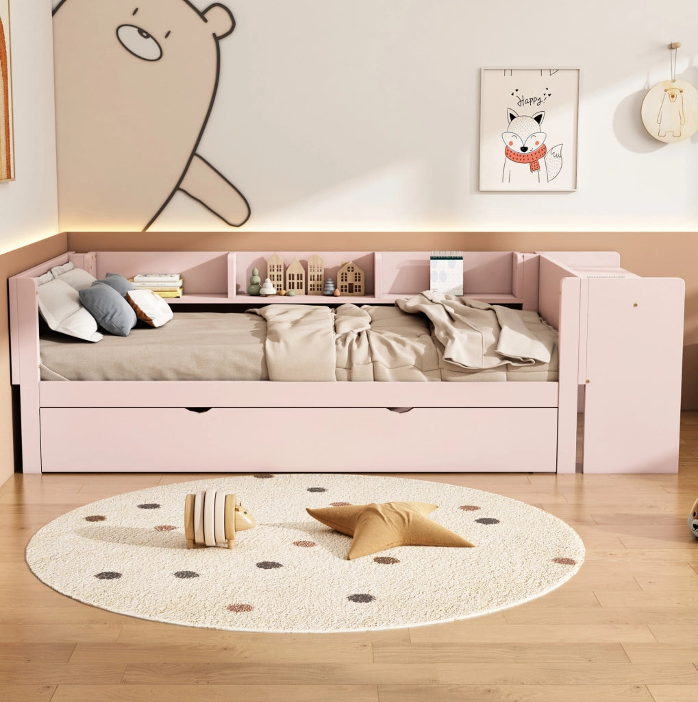 Letto per bambini 90x200 cm con letto estraibile; scrivania e ripiani; legno e MDF; rosa
