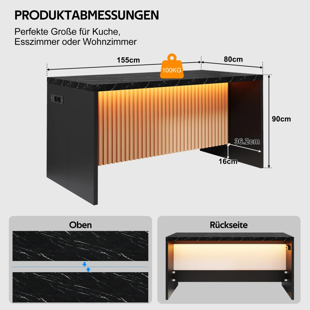 ISOLA CUCINA 155x80x90 cm Effetto marmo nero MDF con LED, prese EU e USB
