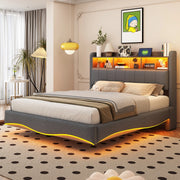 Letto imbottito sospeso 140x200 cm grigio con LED, porte USB e Tipo-C, struttura in metallo e contenitore testiera