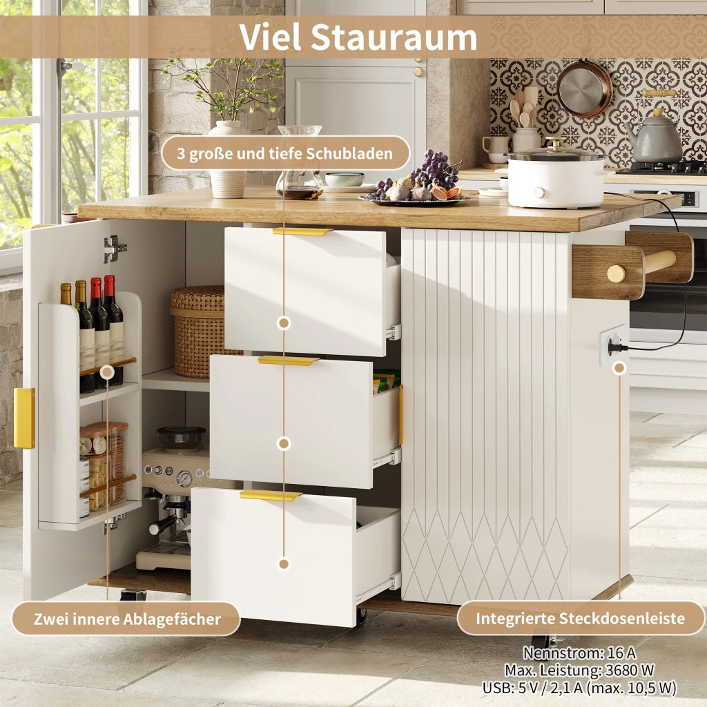 CARRELLO DA CUCINA 134x46/74x88 cm Bianco MDF/Metallo con prese USB