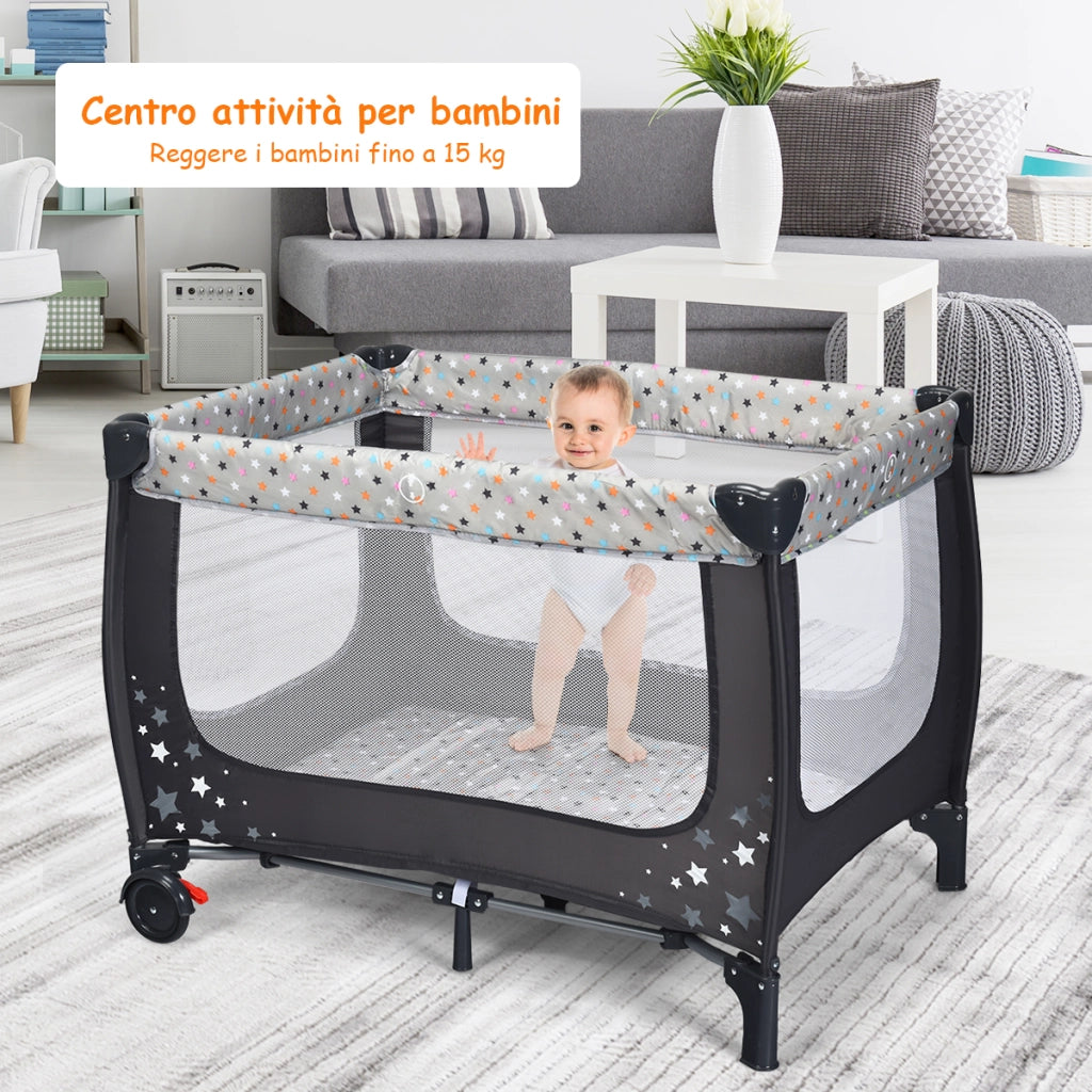 Box portatile per bambini con design pieghevole e 2 ruote, Centro attivit¨¤ resistente e durevole 125x65x76cm Grigio