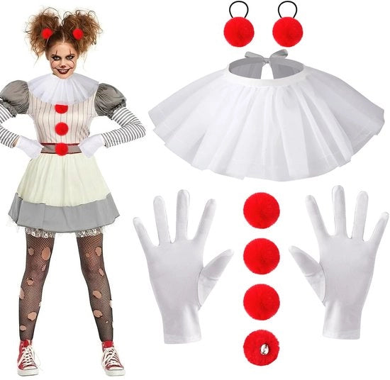 Costume da Clown - Inclusa cravatta da clown/aureola - Guanti da clown - Piume rosse/bottoni - Adatto per adulti/bambini - Materiale ecologico - Abito da clown