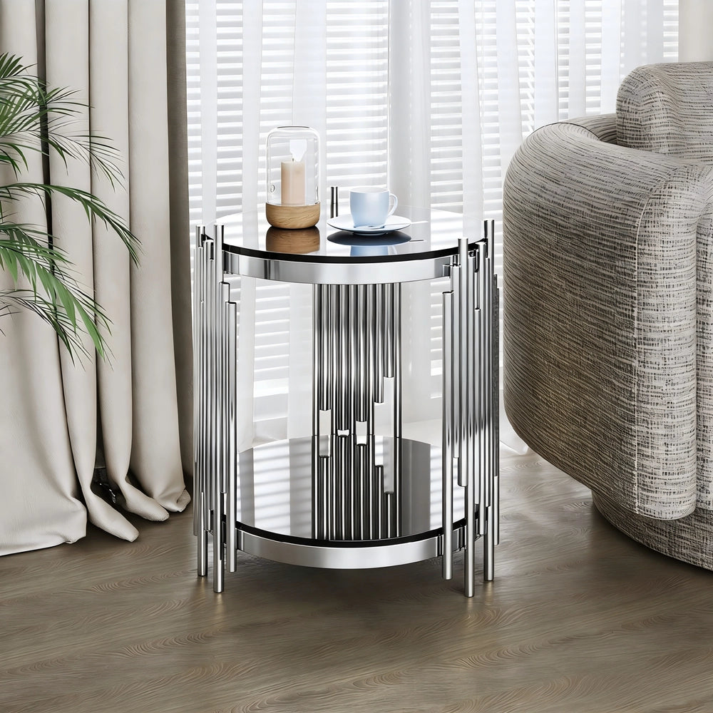 Tavolino Rotondo da Salotto ¨C MINIMAL ¨C Vetro Temperato 6mm, Struttura Acciaio, Nero, 45cm