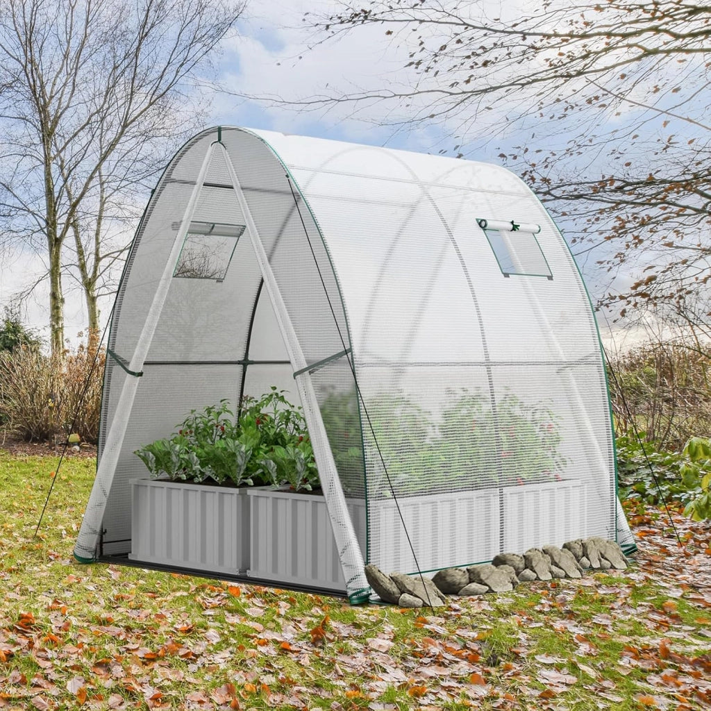 Serra da Giardino 181 x 181 x 200 CM, Serra a Tunnel da Esterno con 2 Porte con Zip, 2 Finestre, Copertura in PE Impermeabile e Tasche Laterali, Serra Invernale per Giardino (Bianco)