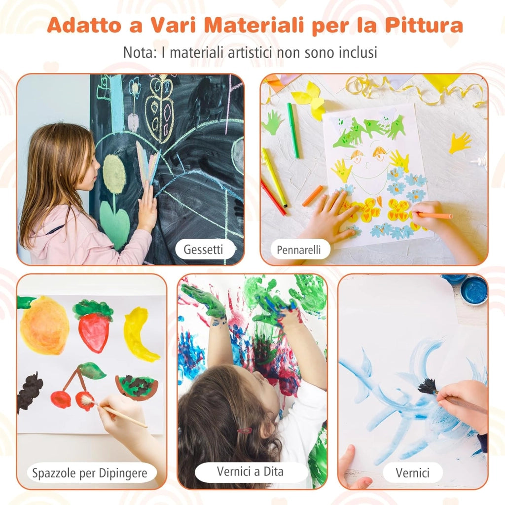 3 in 1 Cavalletto per Bambini, Cavalletto con Doppia Faccia Magnetica e Lavagna Bianca, Rotolo di Carta, 3 Bicchieri per Vernice e 2 Ceste in Tessuto, per Bambini 3-6 Anni (Verde)