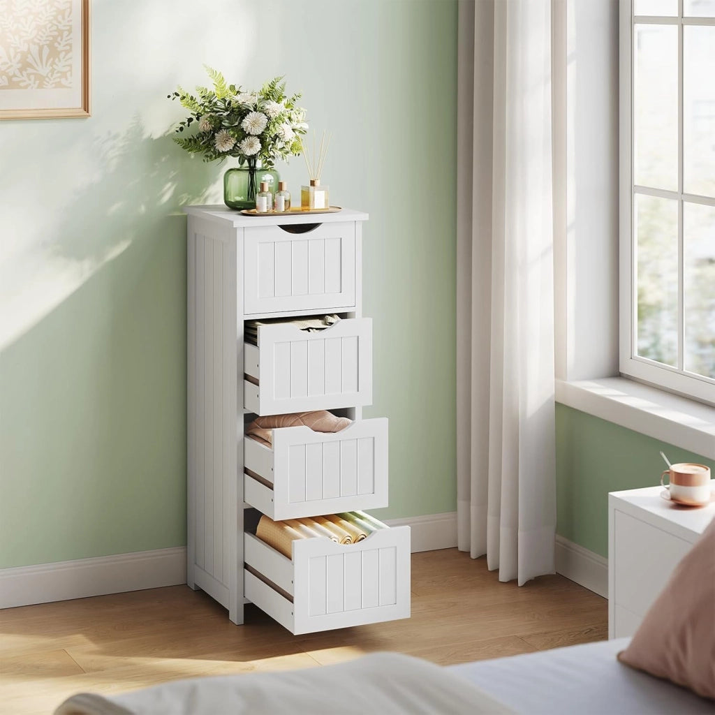 Mobile da Bagno, Mobiletto Bagno Salvaspazio, con 4 Cassetti, 30 x 30 x 82 cm, Armadio Autoportante, per Sala da Pranzo, Cucina, Stile Moderno, Bianco BZS07ws
