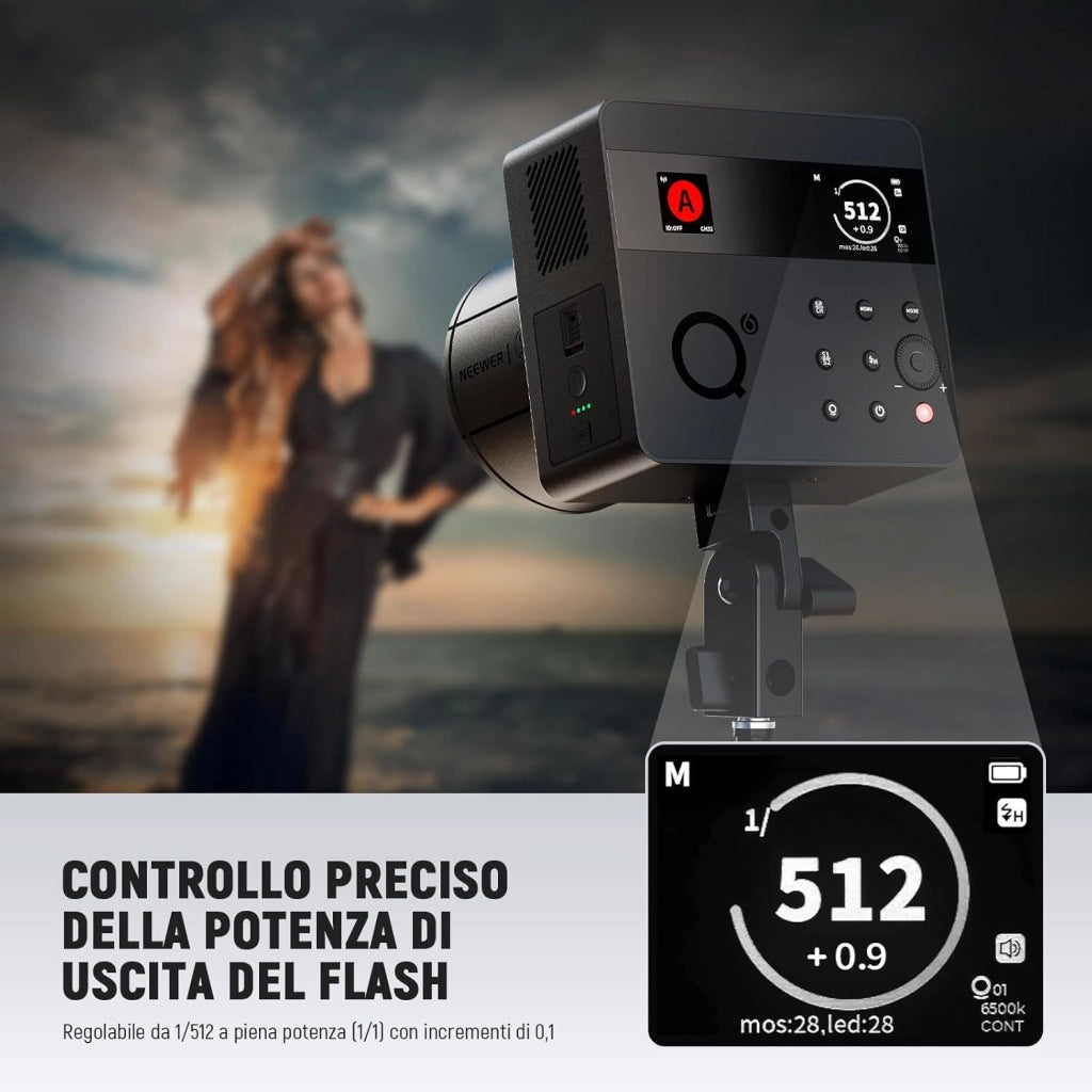 Q6 Flash da Studio Esterno TTL 2.4G 600Ws, Controllo App, 1/1 a 1/512, HSS 1/8000s Batteria 3000mAh, Luce Strobo con Lampada Pilota LED Bicolore 30W/400 Flash a Piena Potenza/Riciclo 0,01-0,9s