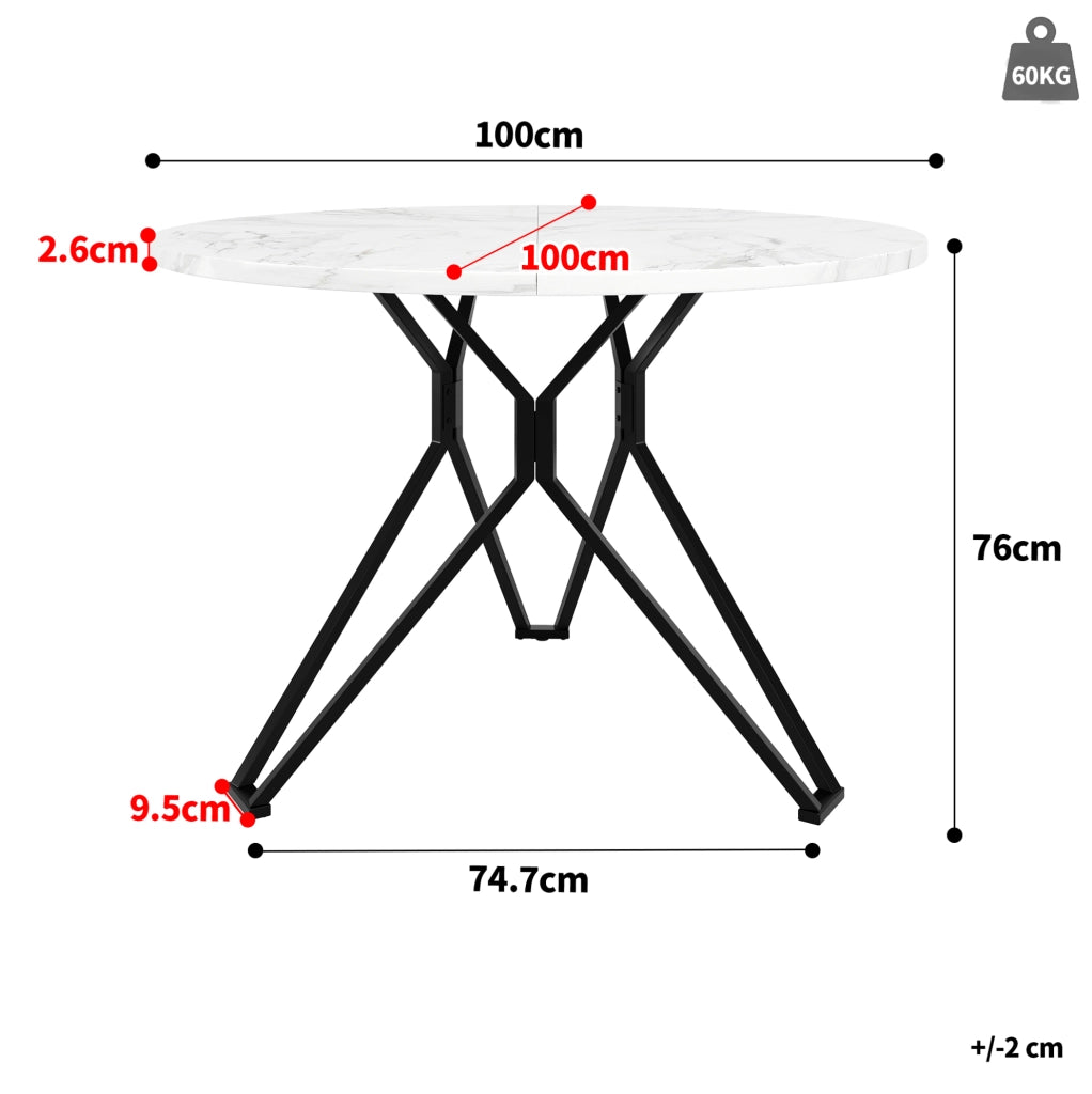 Tavolo da pranzo rotondo 100x100x76 cm con piedi regolabili; MDF effetto marmo nero